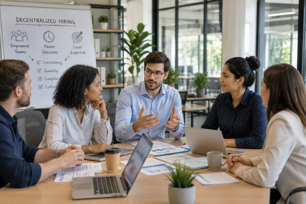 Team discussing solutions to decentralized hiring